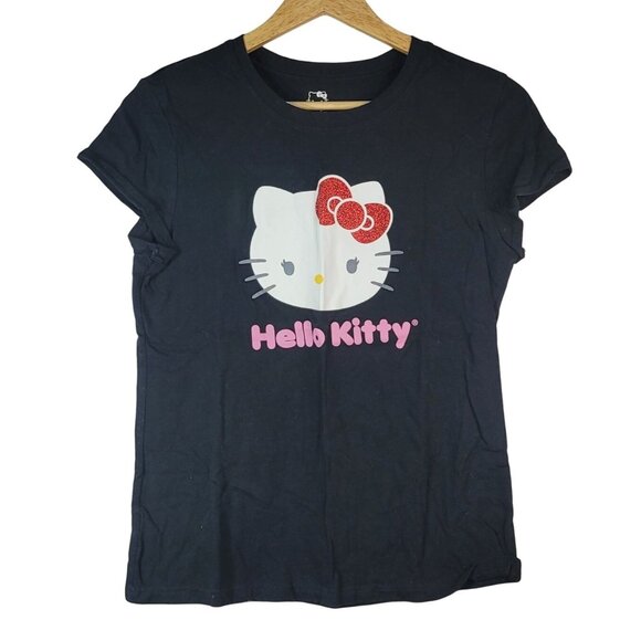 Sanrio Junior Hello Kitty T Shirt Black 2XL Short Sleeve Round Neck Glitter Bow - Picture 1 of 6